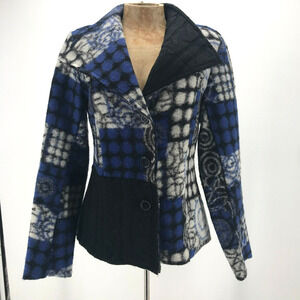 Linea Domani Jacket Womens Small Blue Black White Wool Blend Button Up Artsy